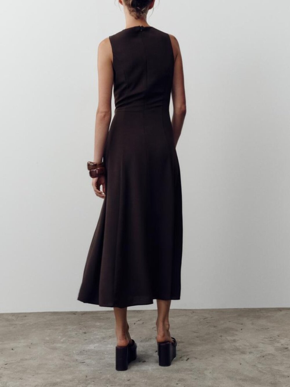 Zara Belted Midi Dress Brown Sleeveless Square Neck Gold Buckle Small NWT Summer - Picture 4 of 9
